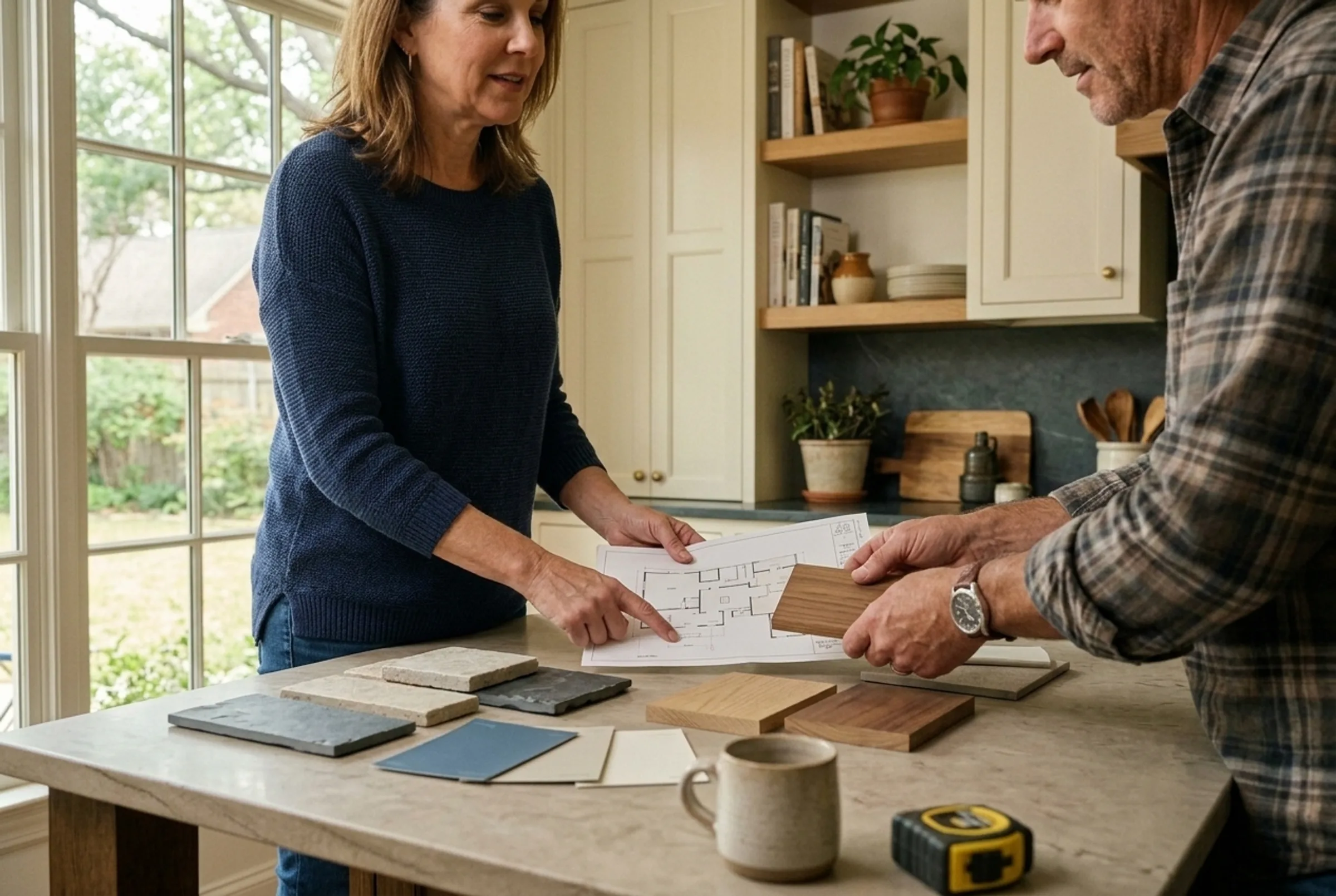 Remodeling plans and material samples being reviewed together