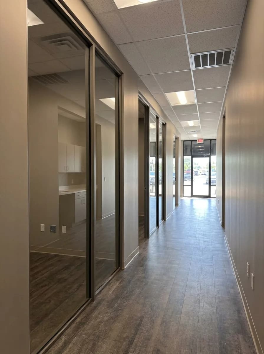 Completed modern office suite corridor with glass walls and finished drywall