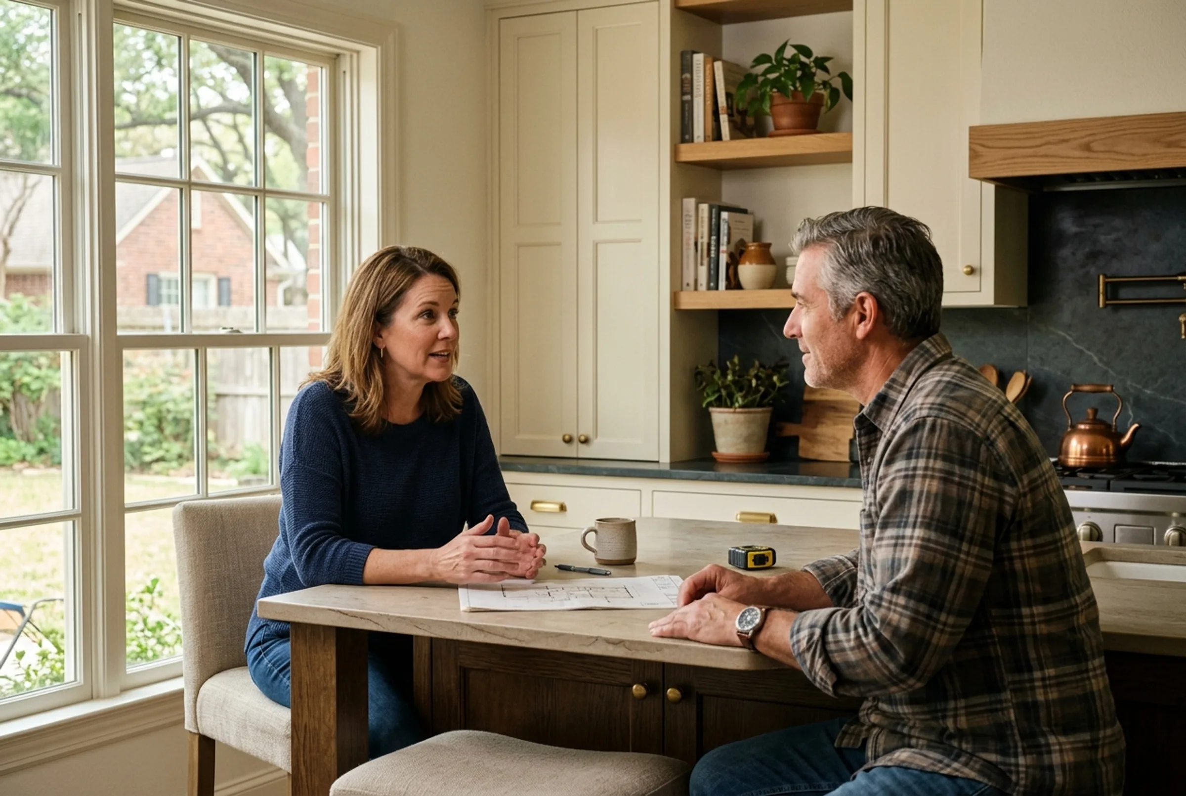 Homeowner and remodeling contractor discussing priorities in a home